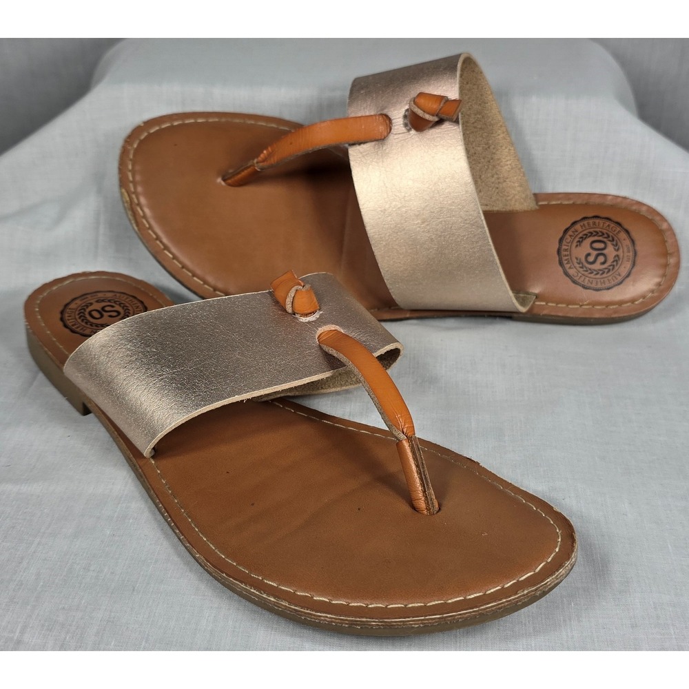 SO Authentic American Heritage Womens 6.5 Gold Tan‎ Flat Thong Sandals Slip On